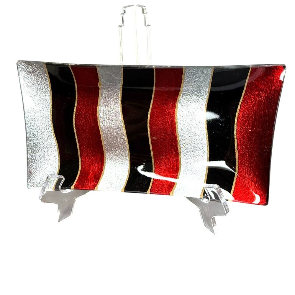 Unmarked Fused Glass Valet Tray Vertical Stripes in Metallic Red Black Silver
